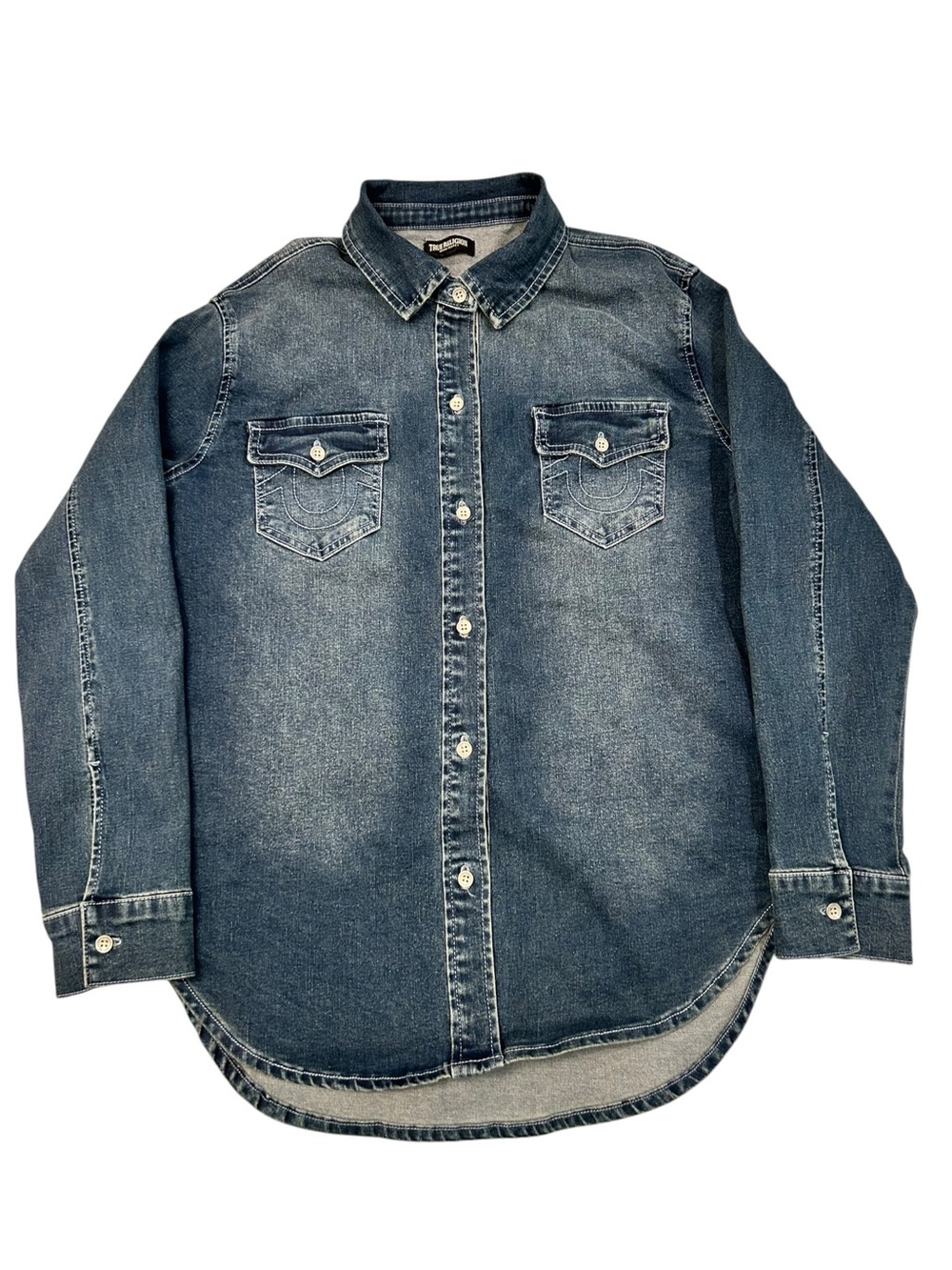 True Religion Georgia Denim Glitter Shirt Women’s L Washed Blue Casual Indie